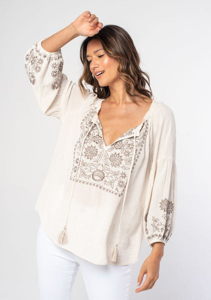 Bohemian Embroidered Tie Front Peasant Blouse
