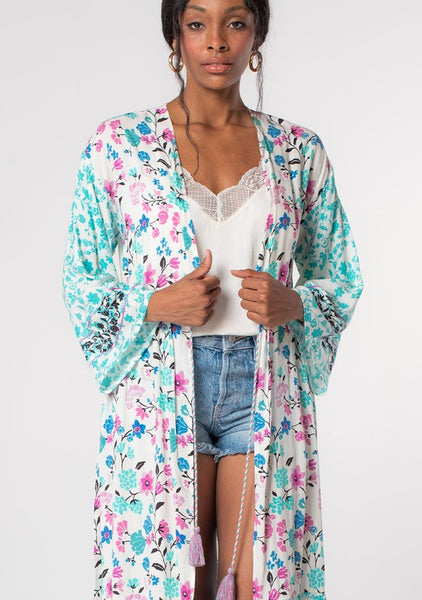 Floral Wide Sleeve Tie Front Kimono