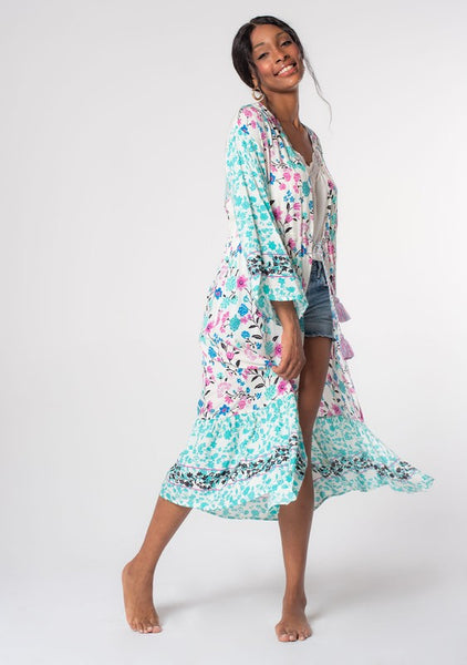 Floral Wide Sleeve Tie Front Kimono