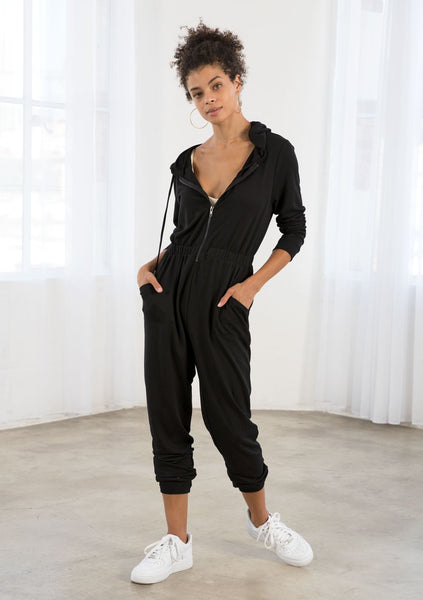 French Terry Zipper Front Hooded Jumpsuit