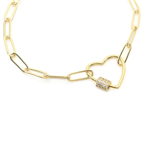 Gold Paperclip Chain Link Bracelet - Heart