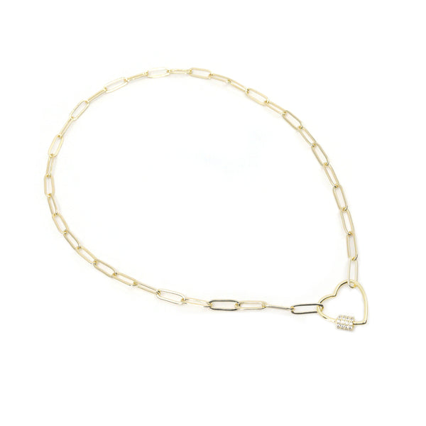 Gold Paperclip Chain Link Necklace - Heart