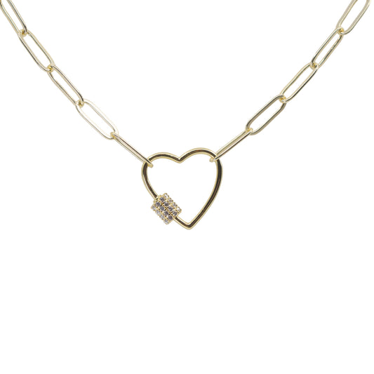 Gold Paperclip Chain Link Necklace - Heart