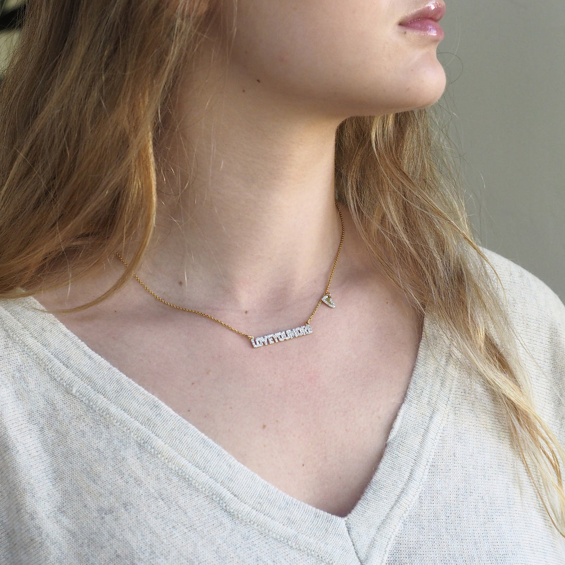 Love You More Bar Necklace in White Diamond & 14K Gold