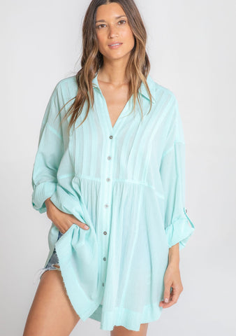 Long Sleeve Oversized Button Down Tunic in Mint