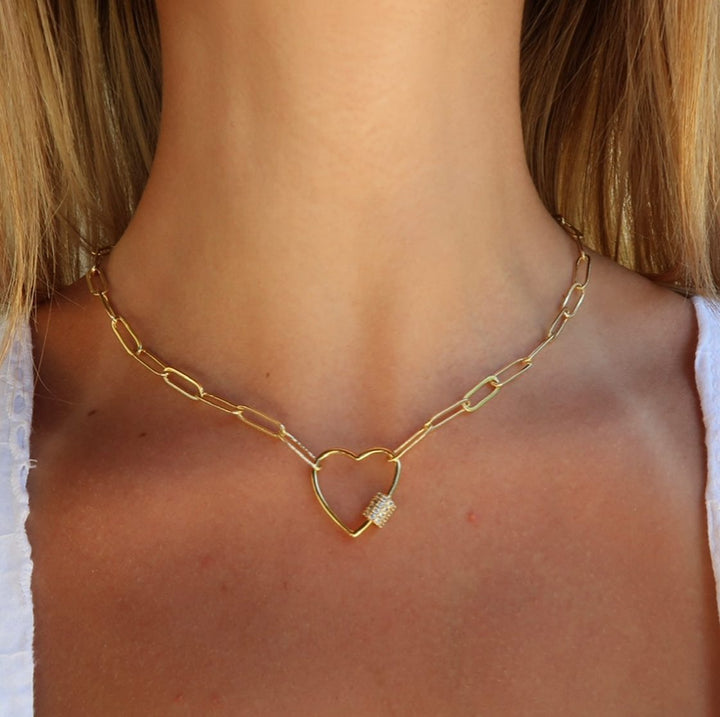 Gold Paperclip Chain Link Necklace - Heart
