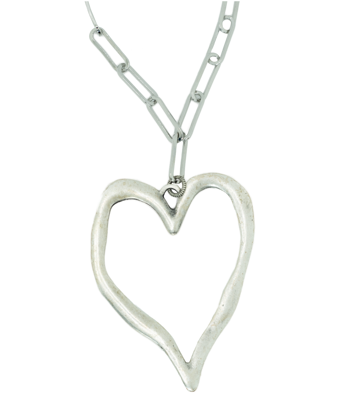 Large Silver Paperclip Matte Heart Necklace