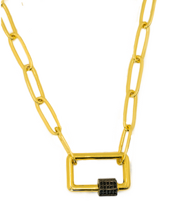 Gold Paperclip Chain Link Necklace - Square with Black Rhinestone