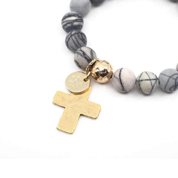 The Luna Bracelet in Grey Marble with Cross